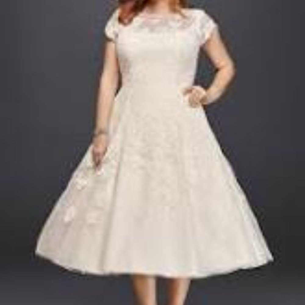 Oleg Cassini Cap Sleeve Tea Length Wedding Dress